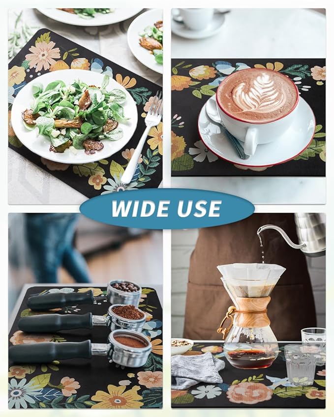 AMOAMI Coffee Mat Hide Stain Rubber Backed Absorbent Dish Drying Mat for Kitchen Counter - Bar Accessories Fit Under Coffee Maker, Espresso Machine, Dish Rack - Floral Black 16x24 - Image 5