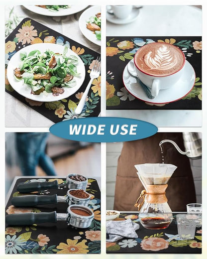 AMOAMI Coffee Mat Hide Stain Rubber Backed Absorbent Dish Drying Mat for Kitchen Counter - Bar Accessories Fit Under Coffee Maker, Espresso Machine, Dish Rack - Floral Black 16x24 - Image 5