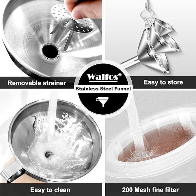 Stainless Steel Funnel, Walfos 6 Different Sizes of Kitchen funnels with 2 Removable Strainer ＆ 1Pcs Cleaning Brush, 200 Mesh Food Filter Strainer,for Transferring of Liquid, Oils, Jam, Powder - Image 6