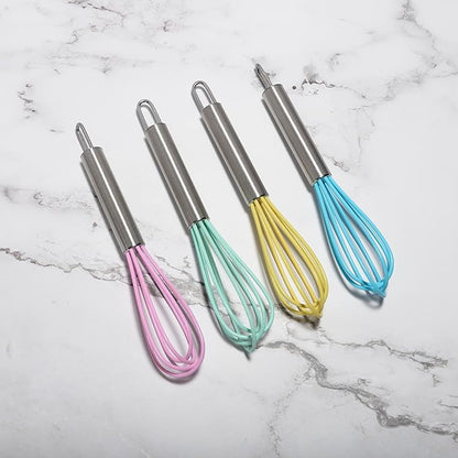 Mini Whisks 6 inch 4Pcs silica gel stainless steel Whisk, Hand Egg Mixer for Flour Cake Egg, Kitchen Cooking Baking Use Whisk （purple，yellow，cyan，blue） - Image 5