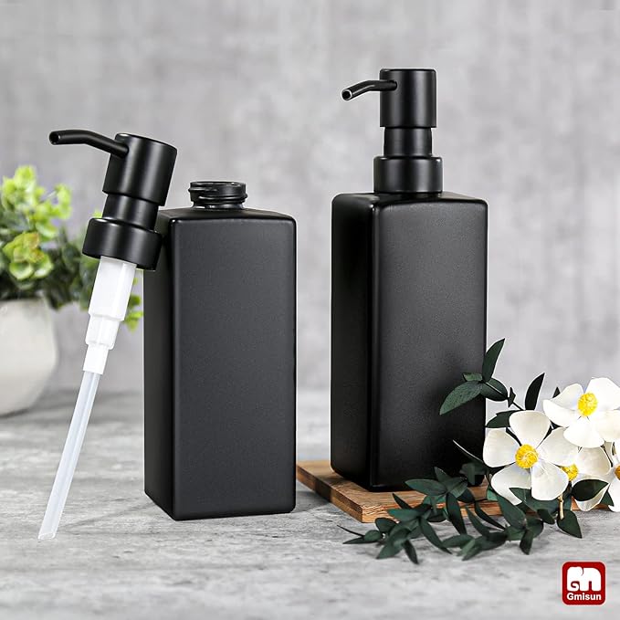 GMISUN Black Soap Dispenser, Hand Soap Dispenser Bathroom, 12oz Glass Soap Dispenser with Stainless Steel Pump, Liquid Dish Soap Dispenser for Kitchen, Modern Bathroom/Kitchen Soap Dispenser Set - Image 7