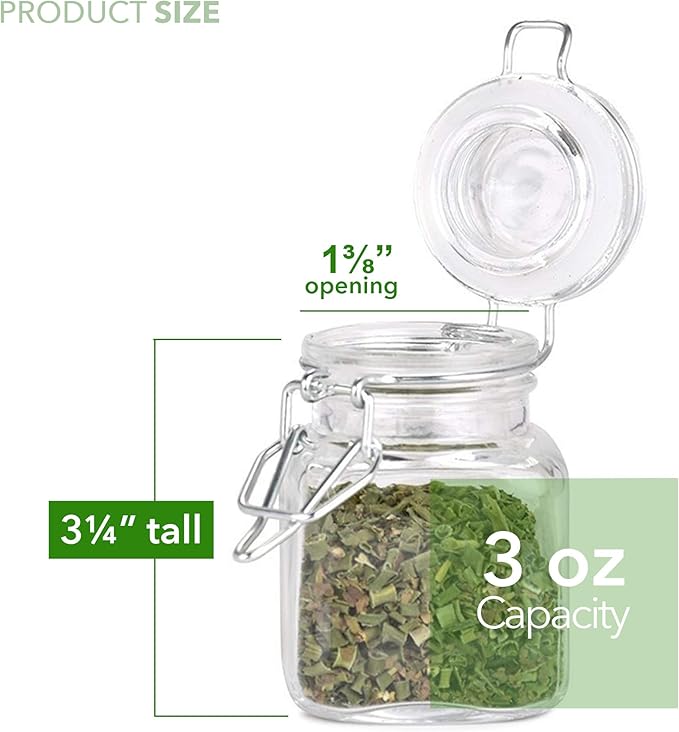 (3 oz) Small Square Glass Jars with Airtight Round Lids, Empty Spice Containers with Labels, Leak Proof Rubber Gasket and Hinged Lid, Chalkboard Label & Marker Included, For Home or Kitchen (12 Pack)