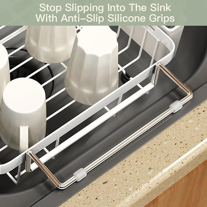 MAJALiS Dish Drying Rack Over The Sink, Expandable Stainless Steel Dish Drainer for Small Kitchen Counter Space Saving, RV Compact Plate Strainer in White Metal with Hanging Adjustable Utensil Holder - Image 6