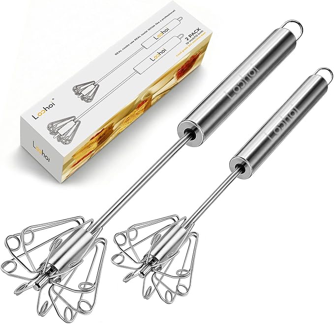 Upgraded Stainless Steel Semi-Automatic Whisk - Easy to Use Whizzy Whisk, Versatile Wisker Tool for Cooking, Kitchen Essential Egg Beater for Baking, Whisking, Beating & Stirring (10+12in） by LOOHOI