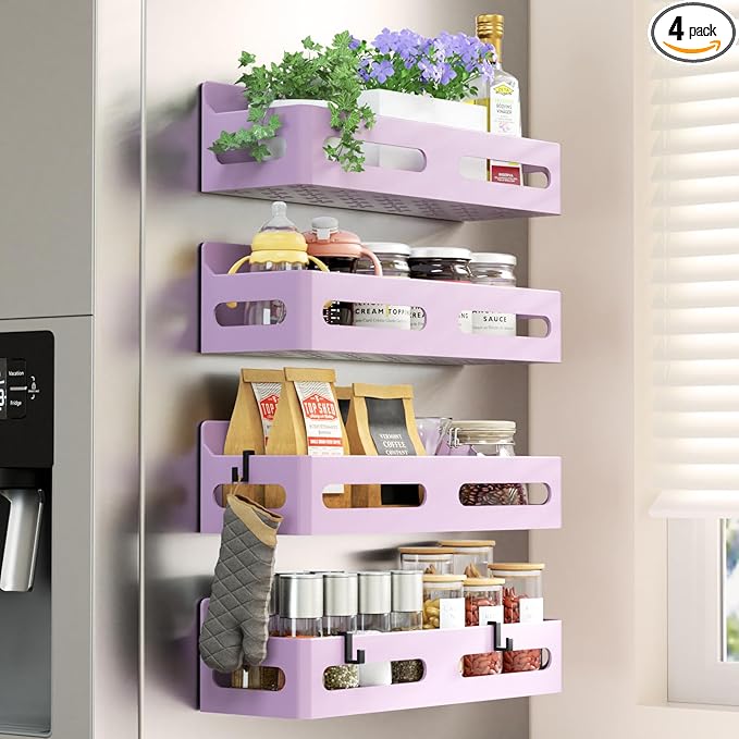 Sevenblue 4 Pack Strong Magnetic Spice Rack for Refrigerator, Multipurpose Magnetic Shelf for Fridge with 4 Hooks for kitchen and Bathroom Organization, Pink by Sevenblue