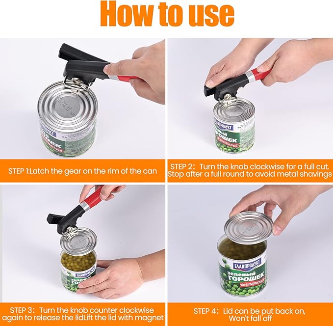 2 in 1 Safety Can Opener Manual Smooth Edge & Bottle Opener, No-Trouble-Lid-Lift Manual Can Opener with Magnet, Large Rubber Handle & Stainless Steel Blade, Side Cut Hand Can Opener for Kitchen (Red) - Image 6