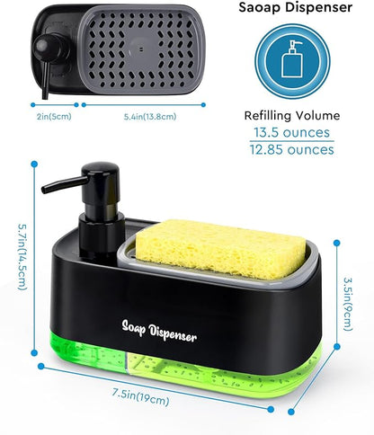 5-in-1 Kitchen Soap Dispenser Set with Sponge Holder - Dual Hand & Dish Soap Pump Dispenser for Sink Countertop with 2-Packs Natural Loofah Dish Sponge Dishwashing Scrubber,Black - Image 2
