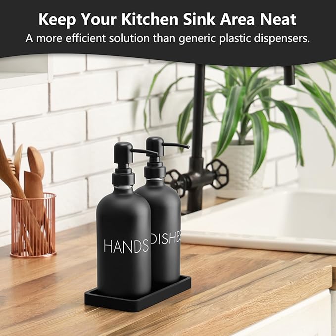 Black Dish and Hand Soap Dispenser Set - Glass Kitchen Soap Dispenser with Tray and Stainless Steel Pump - for Black Kitchen Decor and Accessories
