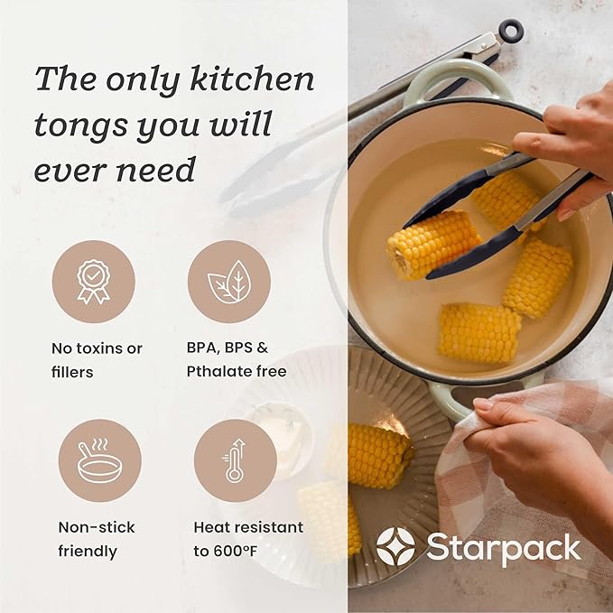 StarPack Premium Silicone Kitchen Tongs Set of 2 (9-Inch & 12-Inch) - Stainless Steel with Non-Stick Silicone Tips, High Heat Resistant to 480°F, For Cooking, Serving, Grill, BBQ & Salad (Stormy Grey) - Image 2