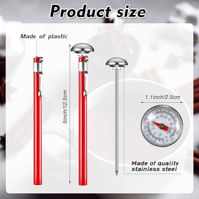 Xuhal 12 Pcs Stainless Steel Kitchen Thermometer with 5 Inch Long Stem 1 Inch Dial Thermometer Milk Frothing Food for Oven Probe Meat Grill BBQ Cooking Chocolate Water (Red) - Image 2