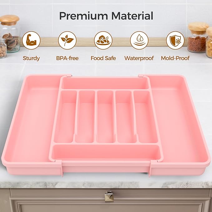 ukeetap Extra Large Expandable Silverware Organizer, BPA-Free Food-Safe Cutlery Flatware Organizer, Kitchen Utensil Drawer Organizer, Adjustable Silverware Holder for Spoons Forks Knives, Pink - Image 4