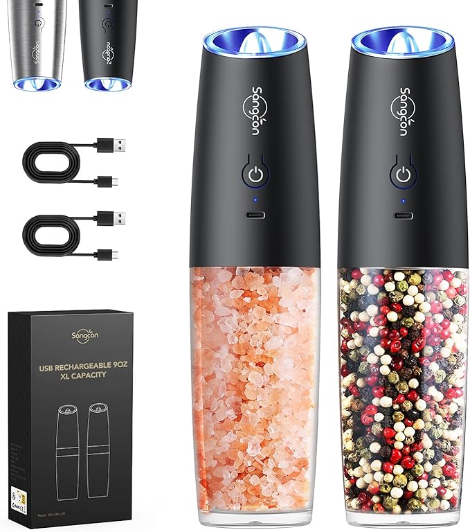 Sangcon Gravity Electric Salt and Pepper Grinder Set Shakers - UPGRADED RECHARGEABLE 9OZ XL Capacity USB-C No Battery Needed - LED Light One Hand Operation, Adjustable Coarseness Automatic Mill Set by Sangcon