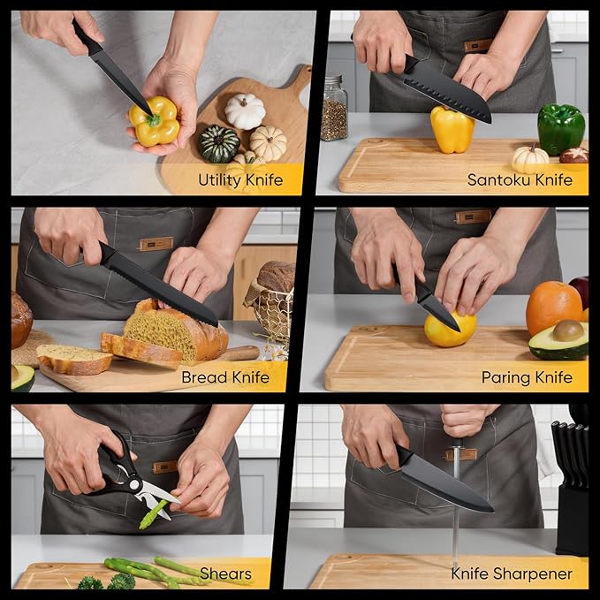 E-far Knife Set, 15-Piece Kitchen Knife Block Set with Sharpener, High Carbon Steel Chef Paring Steak Knives with Ergonomic Non-Slip Handle, Anti-Rust & Razor Sharp, Black - Image 7