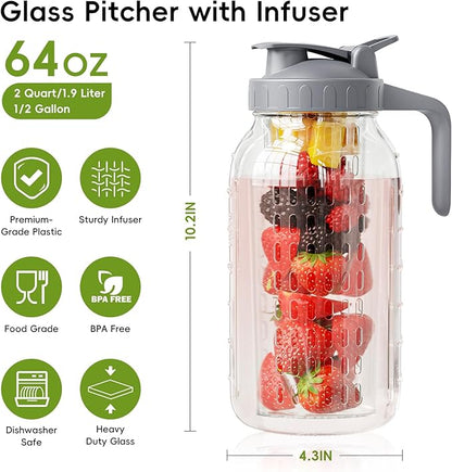 JunVpic Glass Mason Jar Pitcher, 64oz (2 Quart) Wide Mouth Jug with Dual Leak-Proof Pour Spout, Handle Lid for Fruit Drinks, Cold Brew Coffee, Ice Beverage, Iced Juice, Lemonade, Sun Tea Container - Image 2