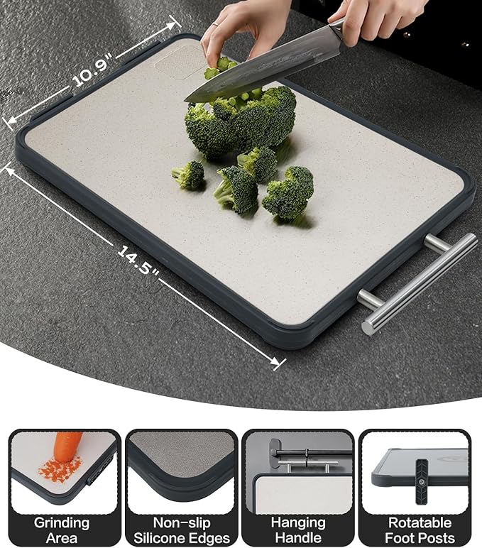 Titanium Cutting Board for Kitchen- Double Sided Cutting Board with Stand, Textured Food-Grade Pure Titanium Side for Chopping Meat, PP Side for Vegetables, Easy to Clean(14.5”×11”, 1 PC)