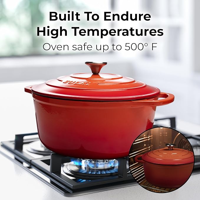 Zulay Kitchen 5 Quart Enameled Cast Iron Dutch Oven Pot with Lid – Premium Durability & Oven Safe up to 500°F – Heavy Duty Cookware Perfect for Bread Baking, Stews, Braising & Roasting – Orange - Image 2