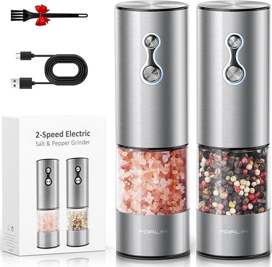 FORLIM Rechargeable Electric Salt and Pepper Grinder Set, Dual-Speed Control, Stainless Steel Automatic Salt & Pepper Mill with Dust Cover, 2 LED Lights, Adjustable Coarseness (2-Pack, Glossy Silver) by FORLIM