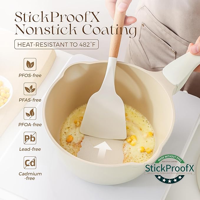 PRICUSIS Ceramic Nonstick Saucepan with Lid, 3 Quart Non Toxic Pot with Pour Spouts, Full Coated, 100% Dishwasher Safe, Induction Compatible & Oven Safe, PTFE PFAS & PFOA Free, Coconut White - Image 3