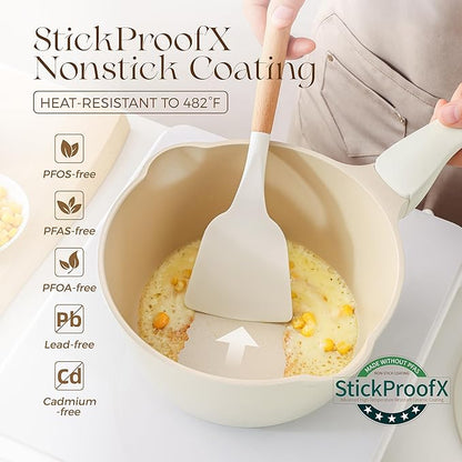 PRICUSIS Ceramic Nonstick Saucepan with Lid, 3 Quart Non Toxic Pot with Pour Spouts, Full Coated, 100% Dishwasher Safe, Induction Compatible & Oven Safe, PTFE PFAS & PFOA Free, Coconut White - Image 3