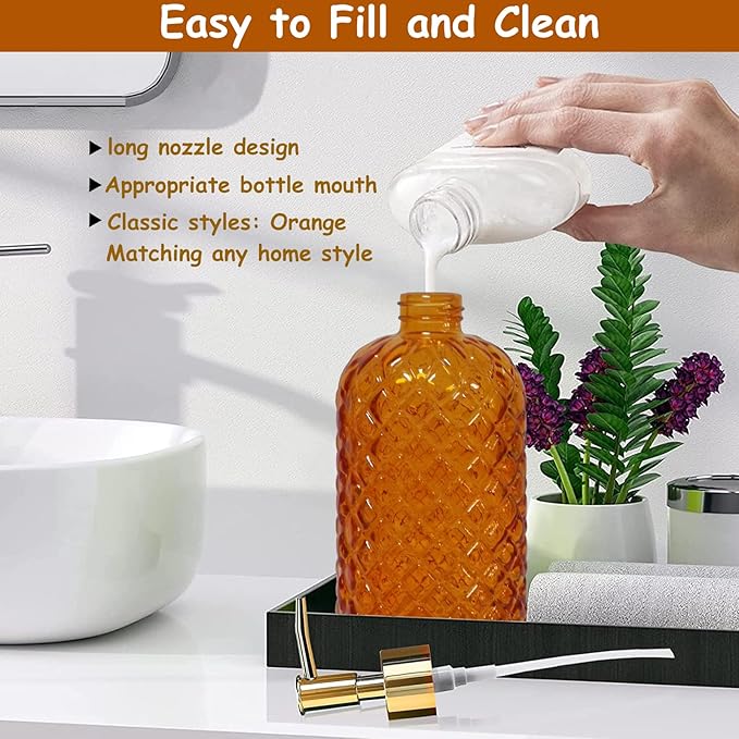 Glass Soap Dispenser with Gold Plastic Pump, 13.5oz Refillable Liquid Hand Soap Dispenser, Crystal Lotion Bottle for Modern Home Decor, Bathroom, Kitchen Countertop, Hotel(Orange)