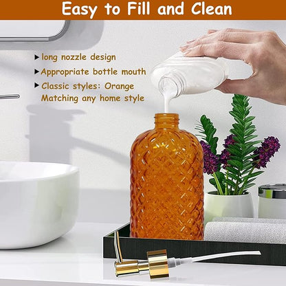 Glass Soap Dispenser with Gold Plastic Pump, 13.5oz Refillable Liquid Hand Soap Dispenser, Crystal Lotion Bottle for Modern Home Decor, Bathroom, Kitchen Countertop, Hotel(Orange)