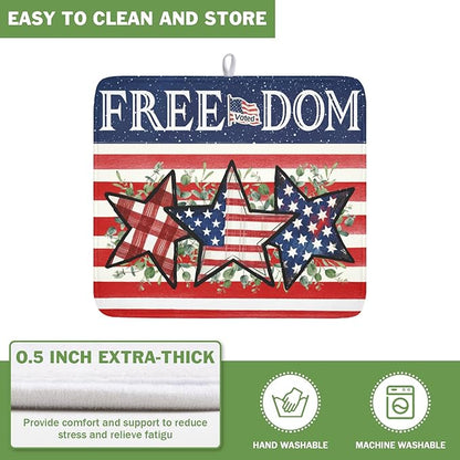 4th of July Dish Drying Mat 18x16 Inch, Patriotic Drying Mat with Absorbent Reversible Microfiber, Independence Day Dish Drainer Mats Memorial Day Rack Pad for Coffee Countertop Kitchen Protector