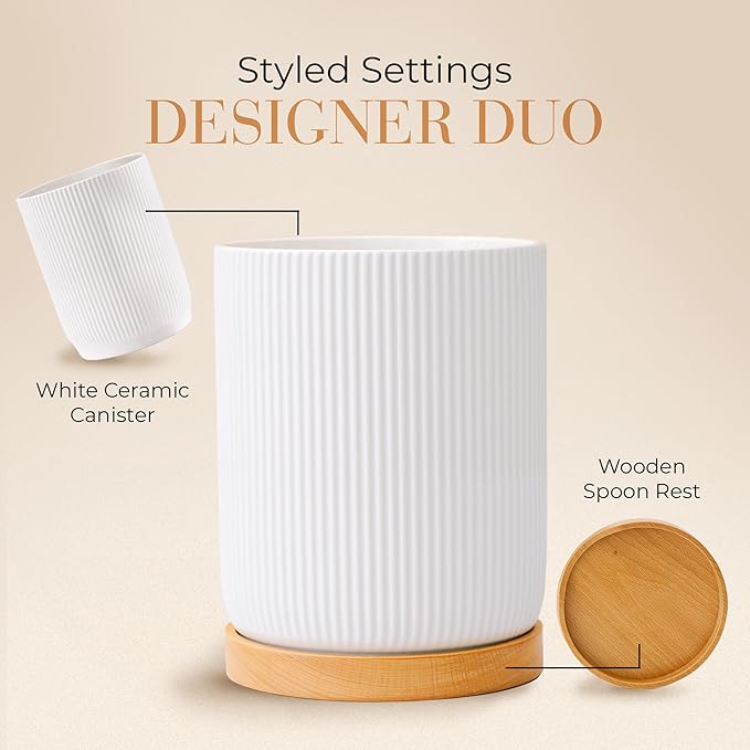 STYLED SETTINGS White Ceramic Utensil Holder with Built-In Wooden Spoon Rest –2PC Set for Kitchen Countertop Organization – Ceramic Utensil Crock & Wood Spoon Rest for Clean, Stylish Cooking - Image 2