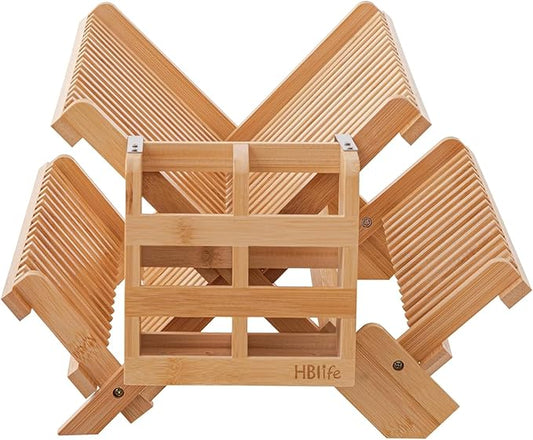 HBlife Bamboo Dish Drying Rack with Utensils Flatware Holder Set, 3-Tier Large Folding Drying Holder for Kitchen Counter, Collapsible Drainer by HBlife