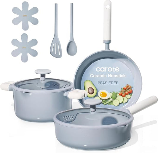 CAROTE Pots and Pans Set Nonstick, Ceramic Cookware Set, Blue Cooking Set Kitchen Induction Set with Steamer, PFAS PTFE Free,9 Piece by CAROTE