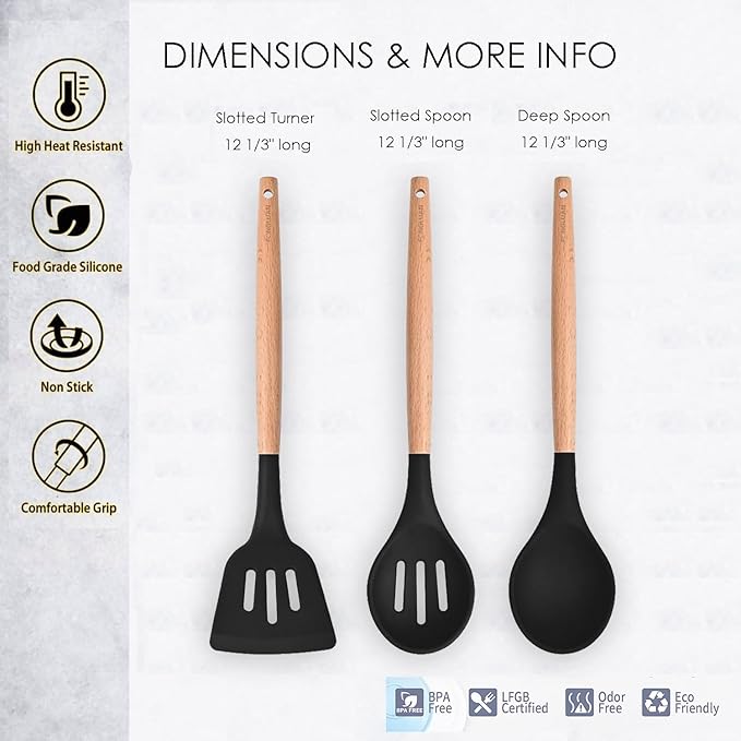 Kitchen Utensils. Set of 3, Silicone Cooking Utensils Set, Turner/Spatula, Spoons with Wooden Handle, Heat Resistant, Nonstick Cookware, Dishwasher Safe, Black