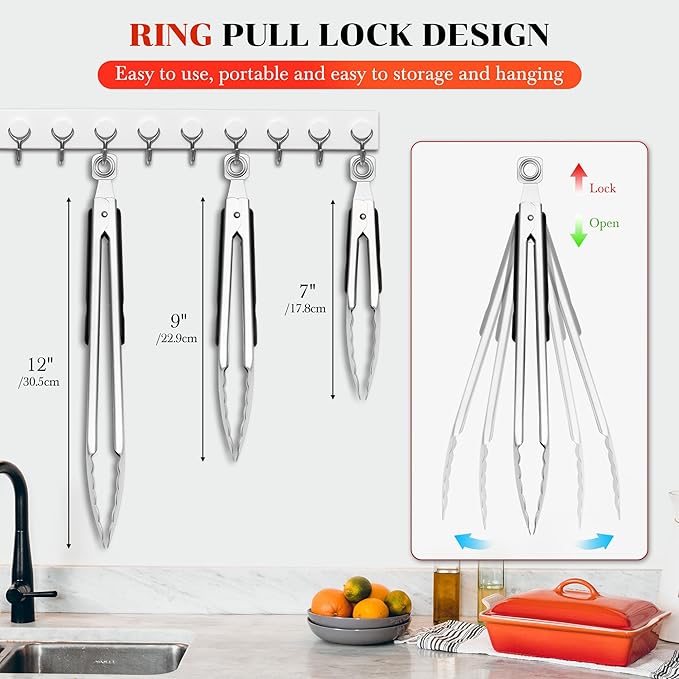Kitchen Tongs for Cooking - 7 Inch & 9 Inch & 12 Inch Heat Resistant Stainless Steel Grilling Tong Grill Tong Metal Tongs for Cooking, Grilling, BBQ/Barbecue, Food (7+9+12 inch)