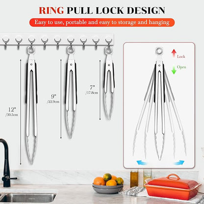 Kitchen Tongs for Cooking - 7 Inch & 9 Inch & 12 Inch Heat Resistant Stainless Steel Grilling Tong Grill Tong Metal Tongs for Cooking, Grilling, BBQ/Barbecue, Food (7+9+12 inch)