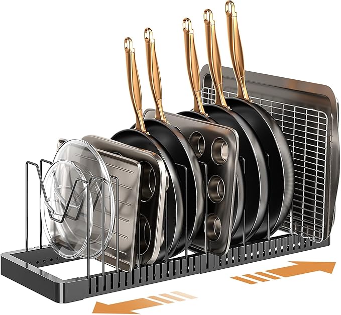 PanPanPal Pots and Pans Organizer under Cabinet, Expandable Pot Lid Organizer Holder with 12 Adjustable Compartment, Pan Organizers inside Cabinet for Lids, Bakeware, Kitchen Storage Pot Rack, Black by PanPanPal