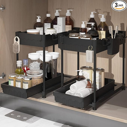 Sevenblue 2 Pack Multi-Purpose Under Sink Organizers and Storage, 2026 Pull Out Cabinet Organizer for Bathroom & Kitchen, Under Cabinet Organizer with Hooks Hanging cup, Black by Sevenblue