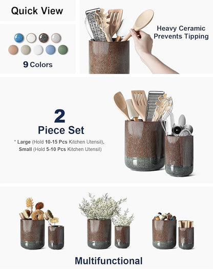 LE TAUCI Utensil Holder for Kitchen Counter, 7.3"+5.4" Fluted Ceramic Utensil Crock Organizer for Countertop, Heavy Large Holder for Spatulas, Spoons, Set of 2, Olive Brown Marble - Image 2