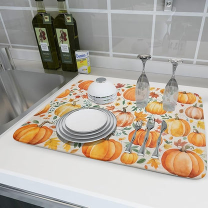 Fall Pumpkin Thanksgiving Dish Drying Mat for Kitchen Counter 18x24 Autumn Leaves Harvest Theme Absorbent Reversible Microfiber Drying Mats Kitchen Countertop Protector Dishes Drainer Pad - Image 6