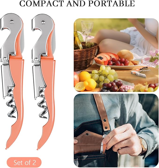 HYZ 2-Pack Wine Opener Waiter Corkscrew, Professional Wine Key for Servers, Bartender with Foil Cutter, Manual Wine Bottle Opener Double Hinged (Nectarine) - Image 7