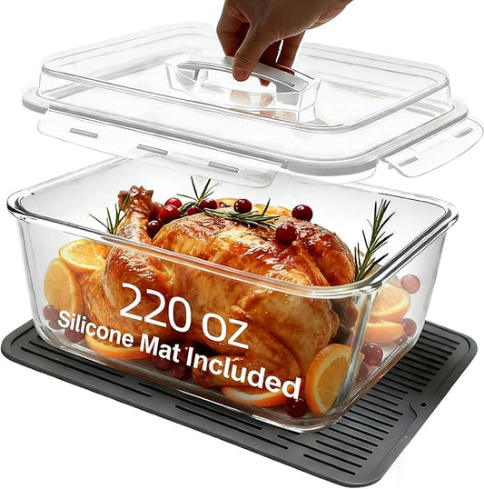 Extra Large Glass Storage Containers with Lids 220oz/6500ml - Airtight Borosilicate Large Glass Food Storage container for Rotisserie Chicken, Turkey - XL Big Glass Bowl Freezer to Oven Safe