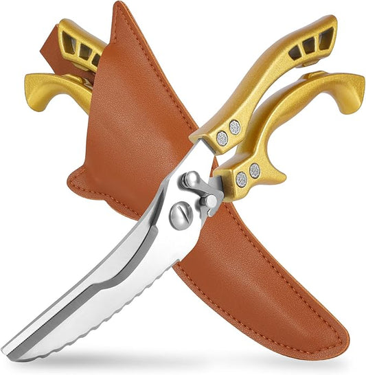 ANDONG Heavy Duty Kitchen Poultry Shears with Serrated Edge, Spring Loaded Kitchen Scissors, Professional Chicken Shears, Gold
