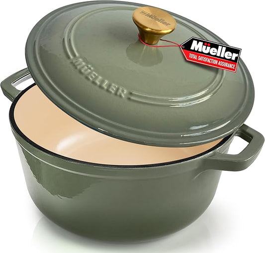 MUELLER HOME 7.5 Quart Enameled Cast Iron Dutch Oven For Sourdough Bread Baking, Heavy-Duty, Oven-Safe up to 500° F & Across All Cooktops, Casserole Dishes, Green Kitchen Accessories, Thyme Green by MUELLERHOME