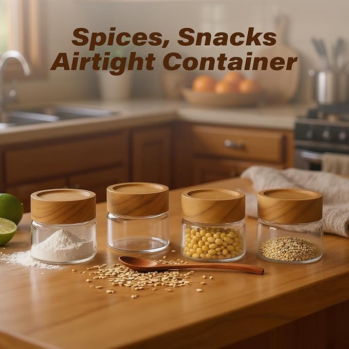 6-Pack 4 fl oz Stackable Airtight Glass Jars (with Acacia Wood Lids + Sticker Labels) – Small Mason Jars designed for overnight oats, spices, dry goods, and kitchen organization.