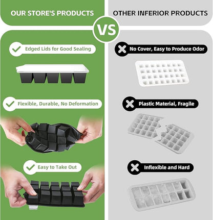 FANYITY Silicone Ice Cube Tray with Lid, Black, Pack of 4 Ice Cube Moulds, Silicone Mould, BPA-Free, Stackable Ice Cube Tray, Ice Cube Trays for Baby Porridge, Cocktail, Whiskey, Coffee