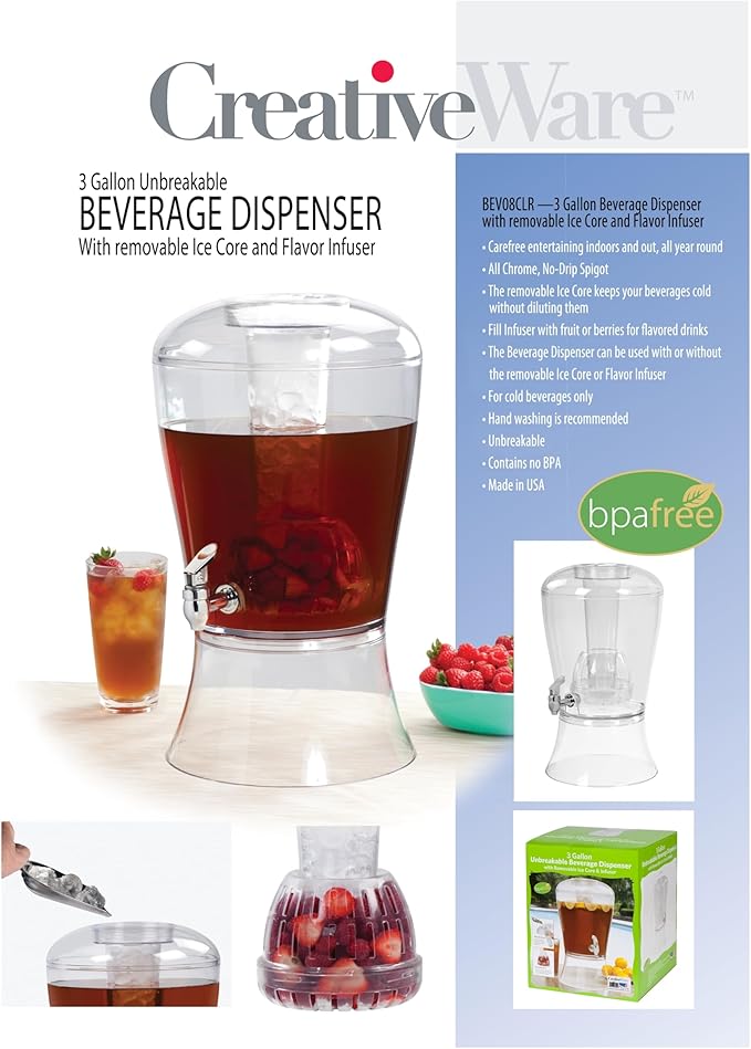 CreativeWare 3 Gallon Beverage Dispenser With Ice Cylinder And Fruit Infuser - Image 3