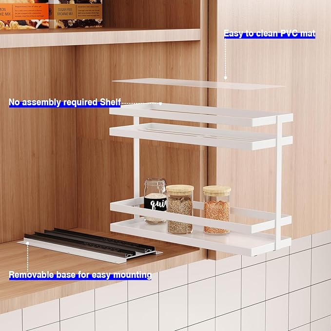 Mustorn 2 Pack Pull Out Spice Rack Organizer for Cabinet, 2 Tier Metal Slide Out Seasoning Organizer and Storage Heavy Duty Vertical Spice Rack Shelf Pullout for Kitchen Cabinets No Drilling (White) - Image 7