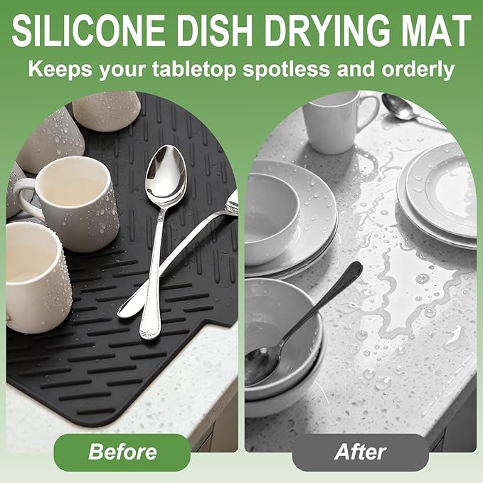 Silicone Drying Mat, 23"X17" With Built-in Drain Lip,Heat-Resistant,Eco-friendly,Hygienic Drying Pad,Leak-Proof and Non-Slip,Silicone Dish Drying Mat for Kitchen Counter or Sink（Black 23X17） - Image 5