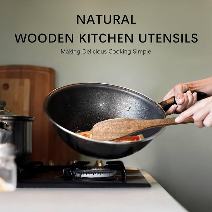 2pcs Wooden Spatulas for Cooking, 13inch Coated Acacia Wood Turners for Frying, Non-Scratch Wood Flat Spurtle for Pan & Wok, Wooden Cooking Utensils for Non Stick Cookware, Long Handle Scraper - Image 4