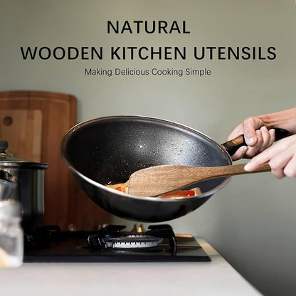 2pcs Wooden Spatulas for Cooking, 13inch Coated Acacia Wood Turners for Frying, Non-Scratch Wood Flat Spurtle for Pan & Wok, Wooden Cooking Utensils for Non Stick Cookware, Long Handle Scraper - Image 4