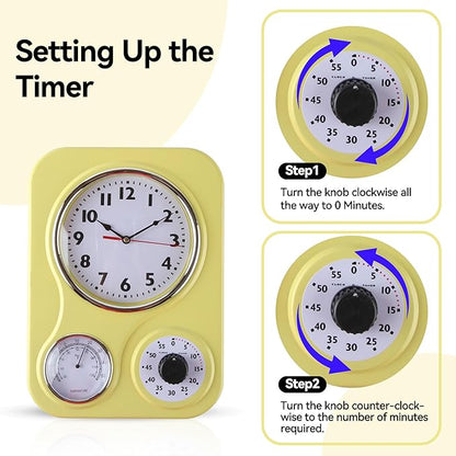 Lily's Home - 9.5 Inch x 12.5 Inch - Retro Kitchen Wall Clock, Vintage Wall Clock with a Thermometer and 60-Minute Timer, Ideal for Any Kitchen, Office, or Diner (Yellow)