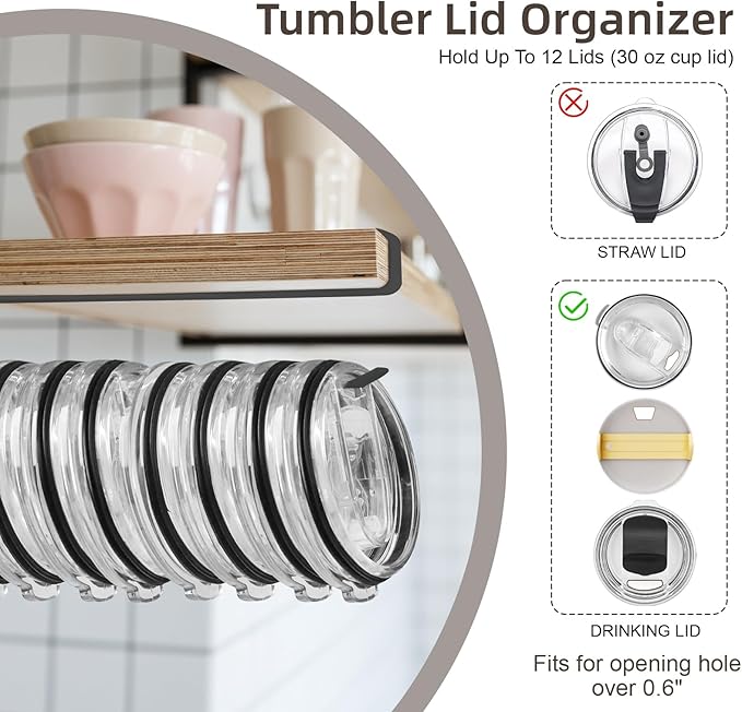 LveSunny Tumbler Lid Organizer,2 Pack Cup Lid Organizer for Yeti Tumbler Lids,Single Water Bottle Lid Organizers Holds Up to 12 Lids, Space Saving Under Cabinet Lids Holder Rack,Black - Image 3