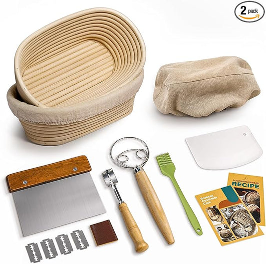 Rorecay Banneton Bread Proofing Baskets Set of 2, 10 Inch Oval Cane Sourdough Bread Rising Basket Bowls with Sourdough Bread Lame Dough Scraper Basting Brush for Sour Dough Proofing Fermentation by Rorecay